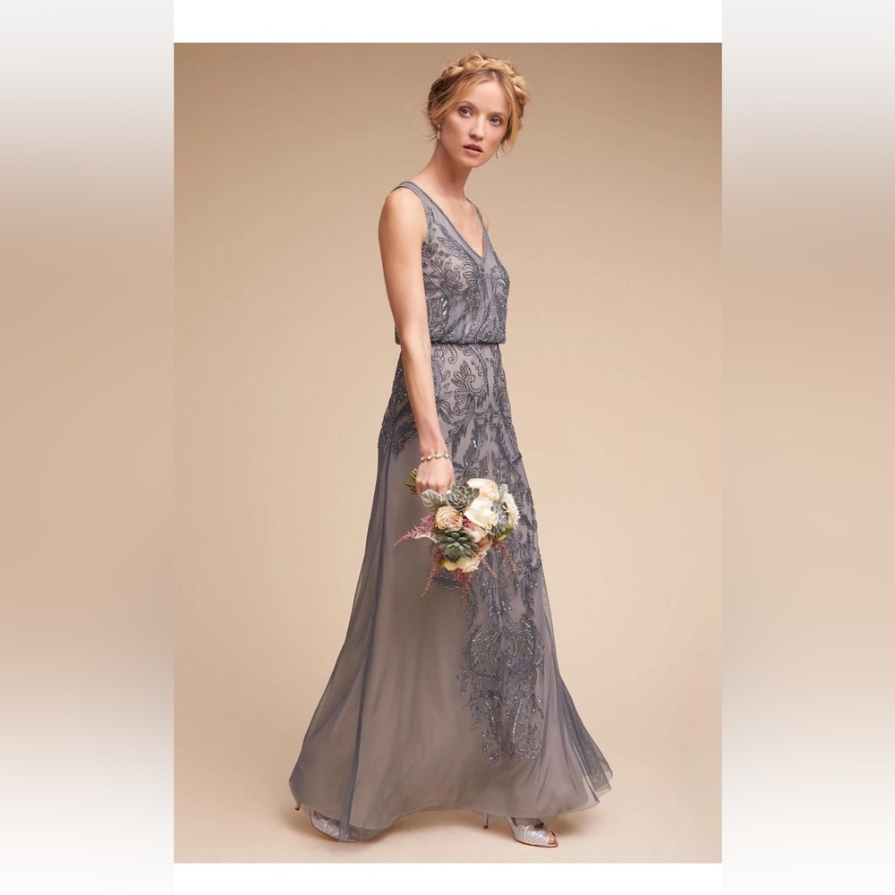 Anthropologie BHLDN Aubrey Dress Adrinna Papell Grey Pewter Sequin Dress Sz 2p